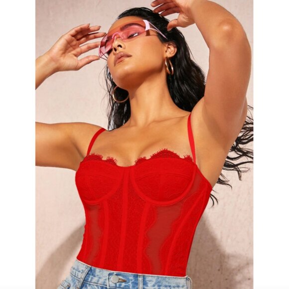 🔥3/$30 NWT SHEIN BAE Silquee Solid Bustier Corset Lace Insert Cami Top Red XS - Picture 1 of 15